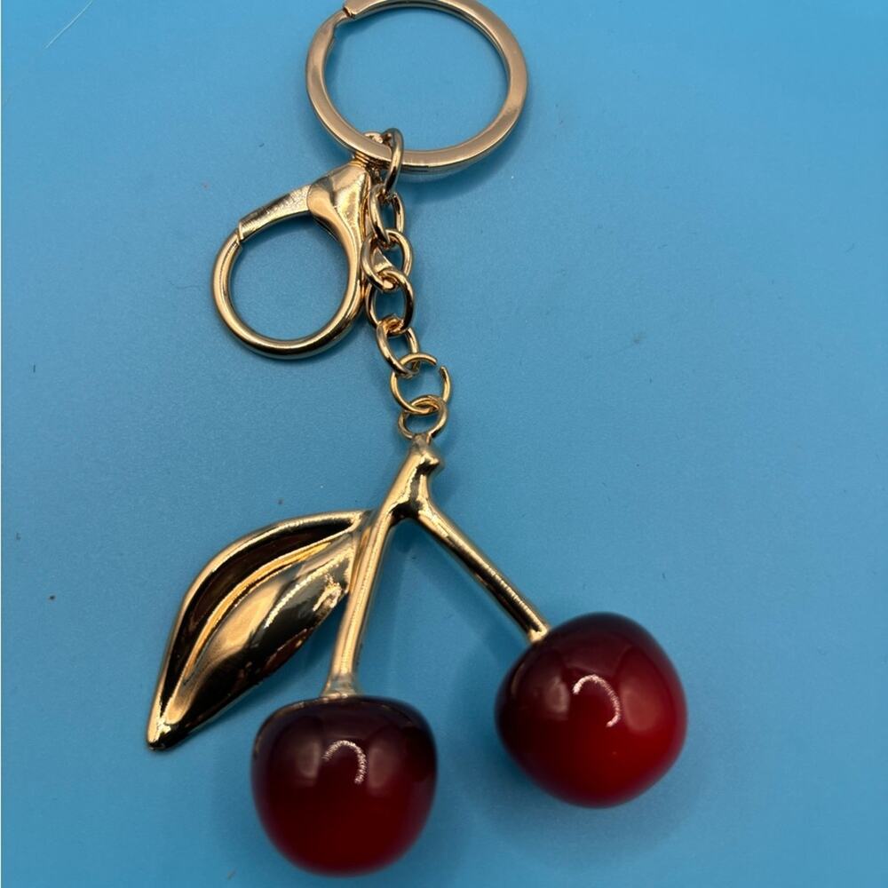 Gold and Red Cherry Bag Charm Keychain - Picture 3 of 5